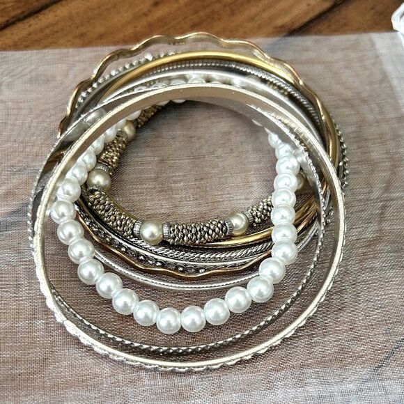 Vintage to Modern Gold and Silver Bangle Set with Pearls 9 total - Picture 1 of 4